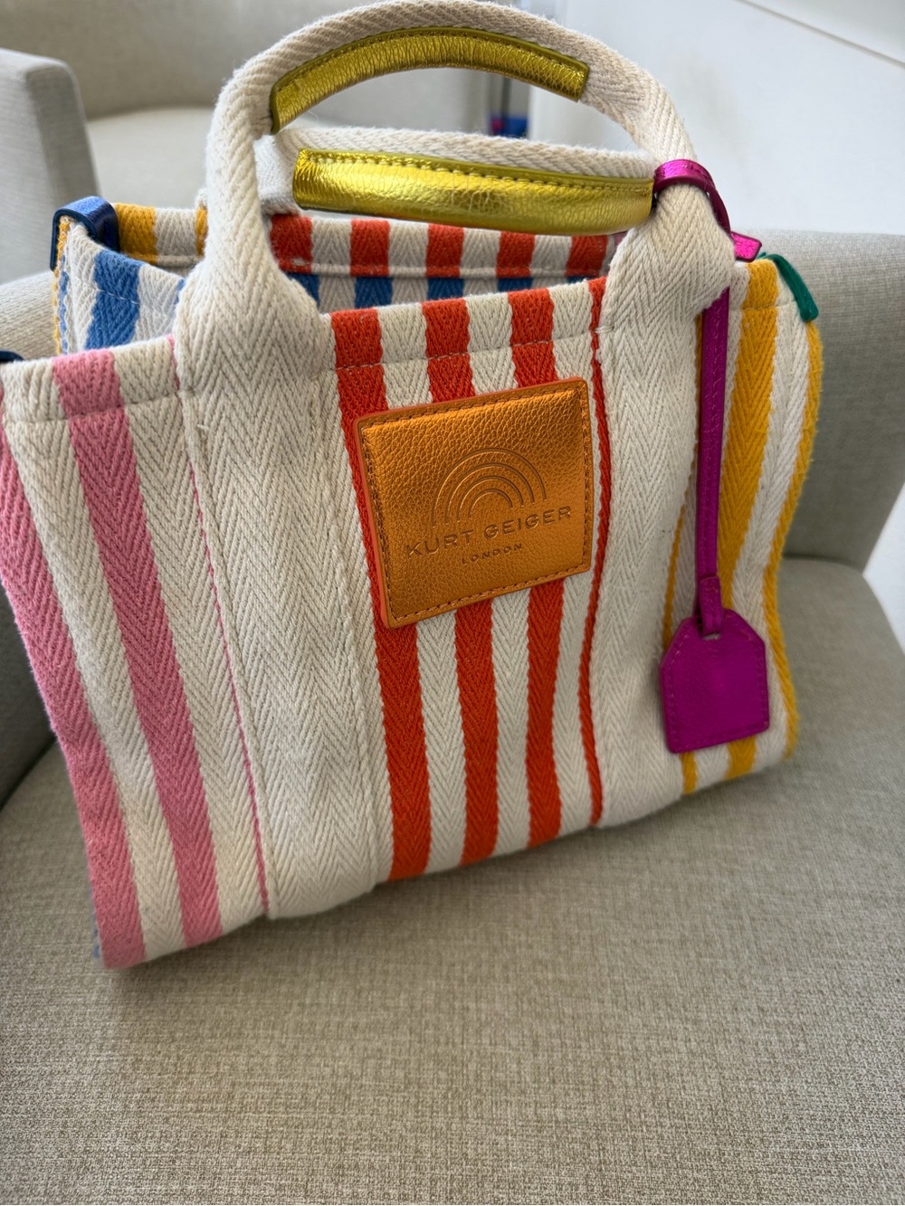 Kurt Geiger Striped Canvas Tote with Pink, Orange, Yellow Accents
